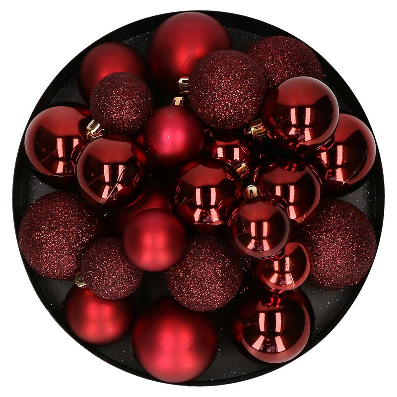 Foto van Kerstballen - 30x - donkerrood - 4, 5, 6 cm - kunststof - mat-glans-glitter - kerstbal