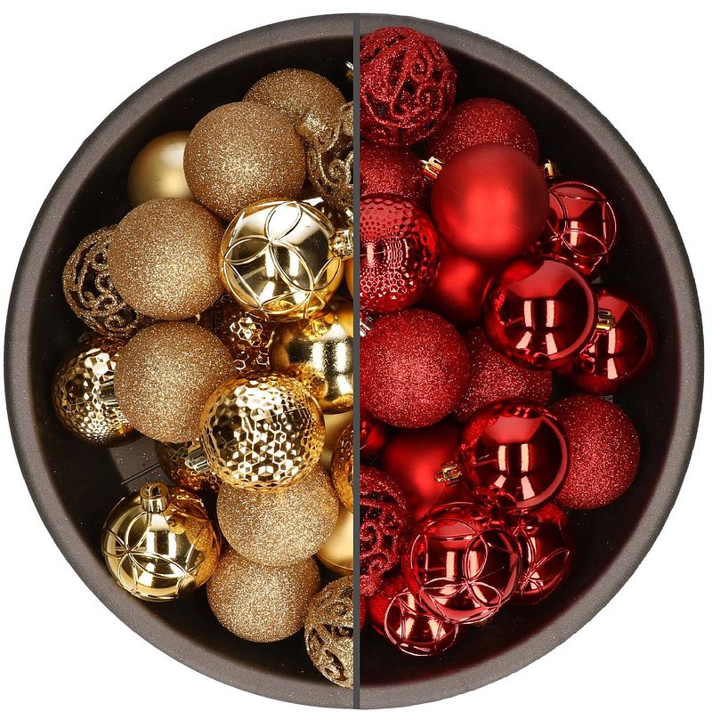 Foto van 74x stuks kunststof kerstballen mix van goud en rood 6 cm - kerstbal