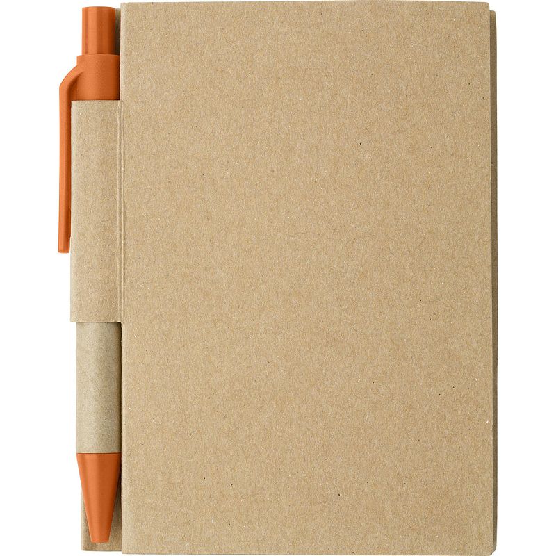 Foto van Notitie/opschrijf boekje met balpen - harde kaft - beige/oranje - 11x8cm - 80blz gelinieerd - notitieboek