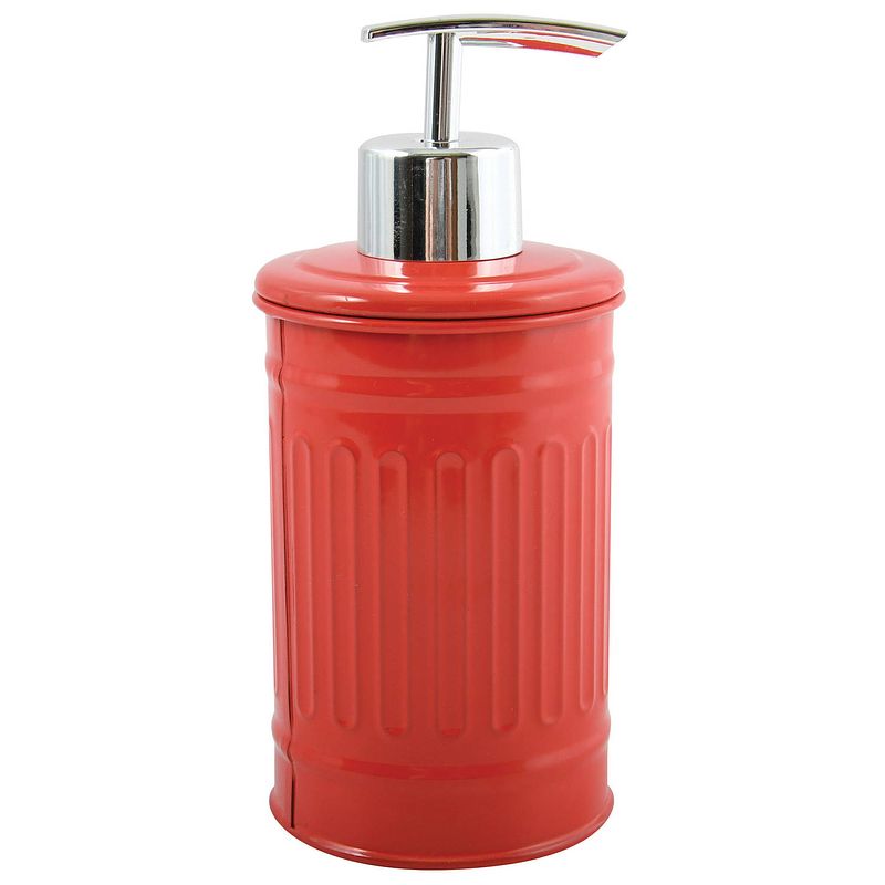 Foto van Msv zeeppompje/dispenser - industrial - metaal - rood - 7.5 x 17 cm - 250 ml - zeeppompjes