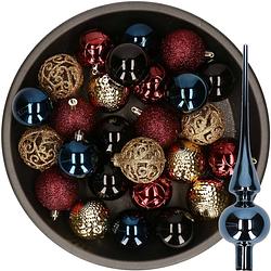 Foto van 37x stuks kunststof kerstballen 6 cm incl. glazen piek blauw-goud-rood-zwart - kerstbal