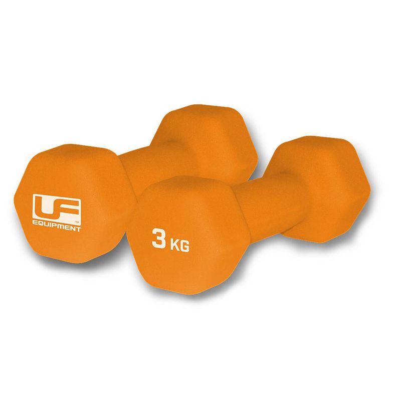 Foto van Reydon dumbbells urban fitness hex 3 kg neopreen oranje 2 stuks