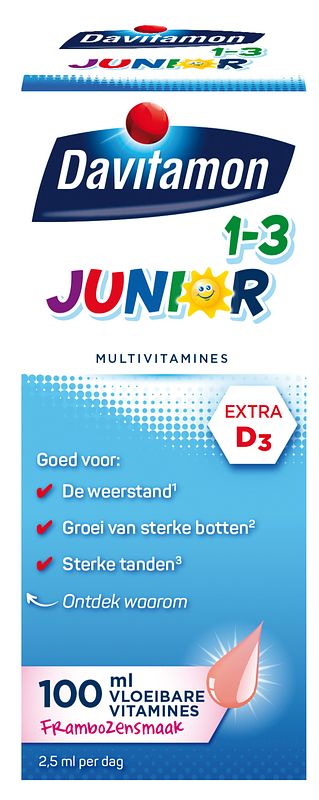 Foto van Davitamon junior 1-3 vloeibare vitamines framboos