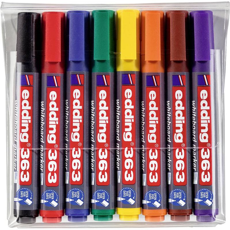 Foto van Edding 4-363-8 e-363/8 whiteboardmarkerset blauw, bruin, geel, groen, oranje, rood, zwart, violet 8 stuks/pack