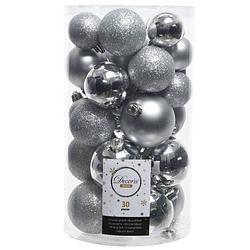 Foto van 30x kunststof kerstballen glanzend/mat/glitter zilver kerstboom versiering/decoratie - kerstbal