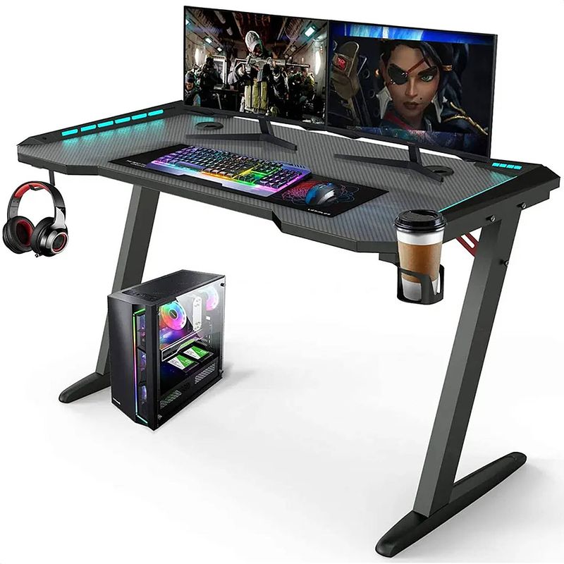 Foto van Avalo gaming bureau - 140x60x73 cm - game desk met led verlichting - tafel - zwart