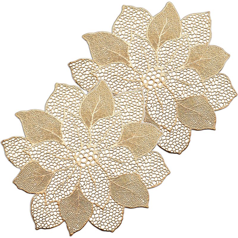 Foto van Placemats bloemen vorm - 4x - kunststof - 49 x 47 cm - goud - placemats