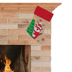 Foto van Decoratie kerstsok beige/rood met rendier print 46 cm - kerstsokken