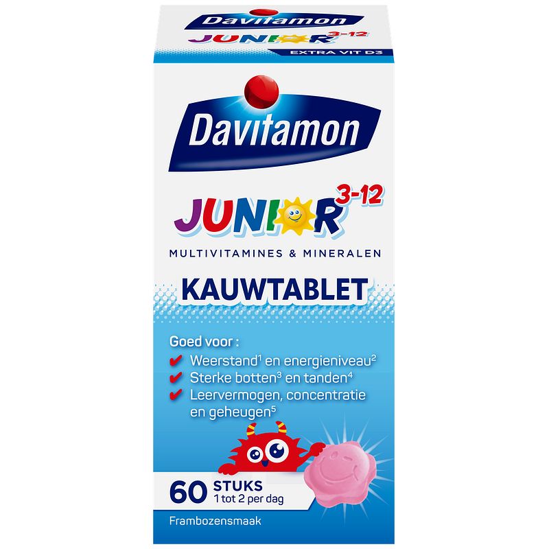 Foto van Davitamon junior 312 kauwvitamines framboos, 60 stuks bij jumbo