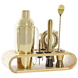 Foto van Items cocktailset 9-delig met houten houder - 750 ml - rvs - goud - cocktailshakers