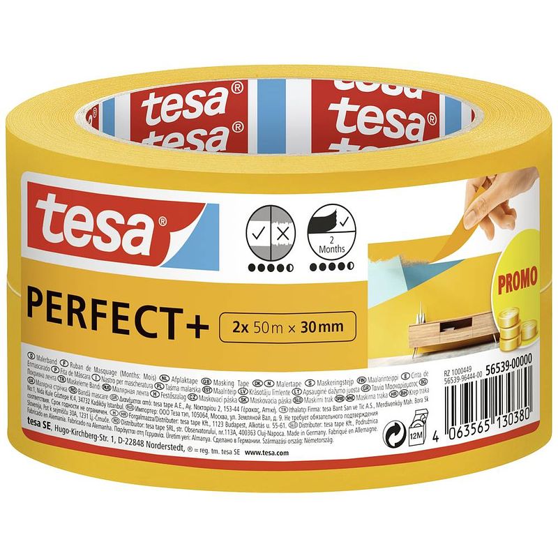 Foto van Tesa perfect+ 56539-00000-00 afplakband geel (l x b) 100 m x 30 mm 2 stuk(s)