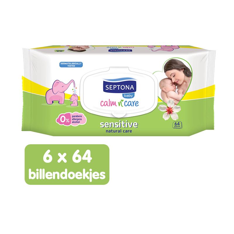 Foto van Septona baby sensitive billendoekjes - 0% alcohol & zeep - 6 x 64