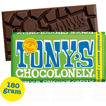 Foto van 2 voor € 4,50 | tony's chocolonely amandel zeezout puur chocolade reep 51% 180g aanbieding bij jumbo