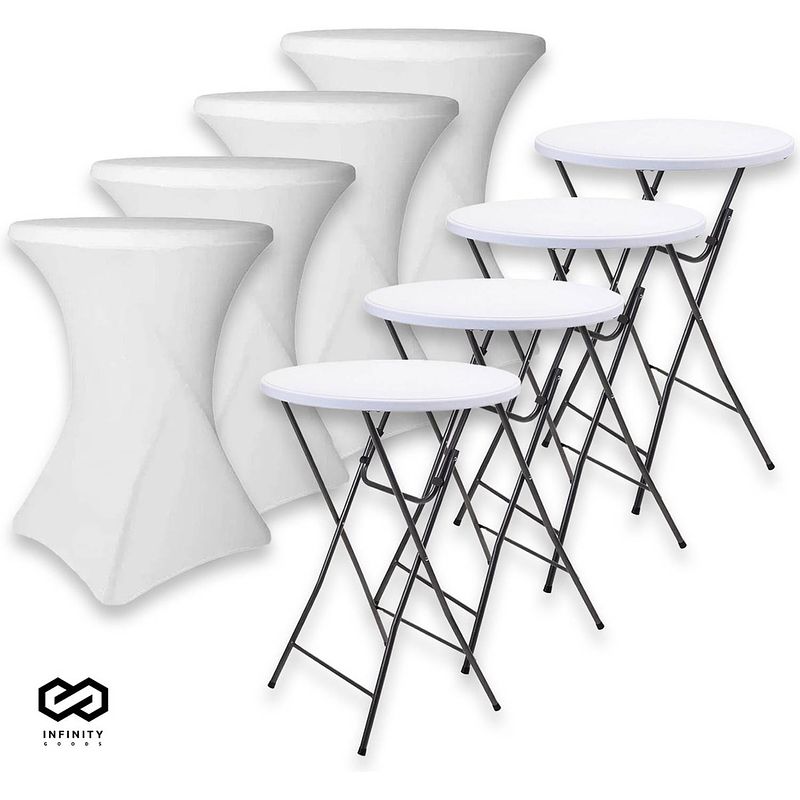 Foto van Infinity goods 4x stevige statafel + 4x witte statafelrok - partytafel - robuust en weersbestendig - 80cm x 110cm -