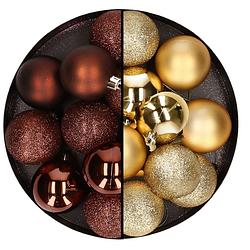 Foto van 24x stuks kunststof kerstballen mix van donkerbruin en goud 6 cm - kerstbal
