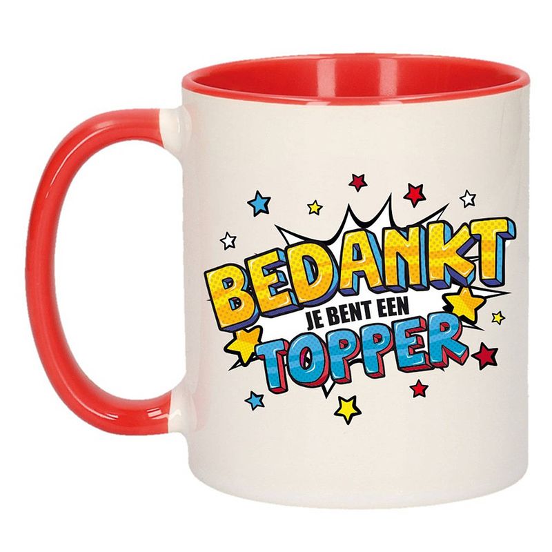 Foto van Bedankt topper cadeau mok / beker wit en rood 300 ml - feest mokken