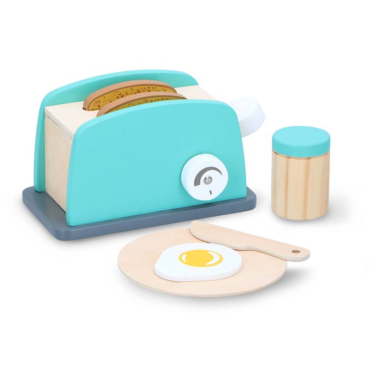 Foto van Marionette wooden toys houten speelgoed toaster - 7 onderdelen - fsc keurmerk - blauw