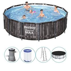 Foto van Bestway - steel pro max - opzetzwembad inclusief filterpomp en accessoires- 427x107 cm - houtprint - rond