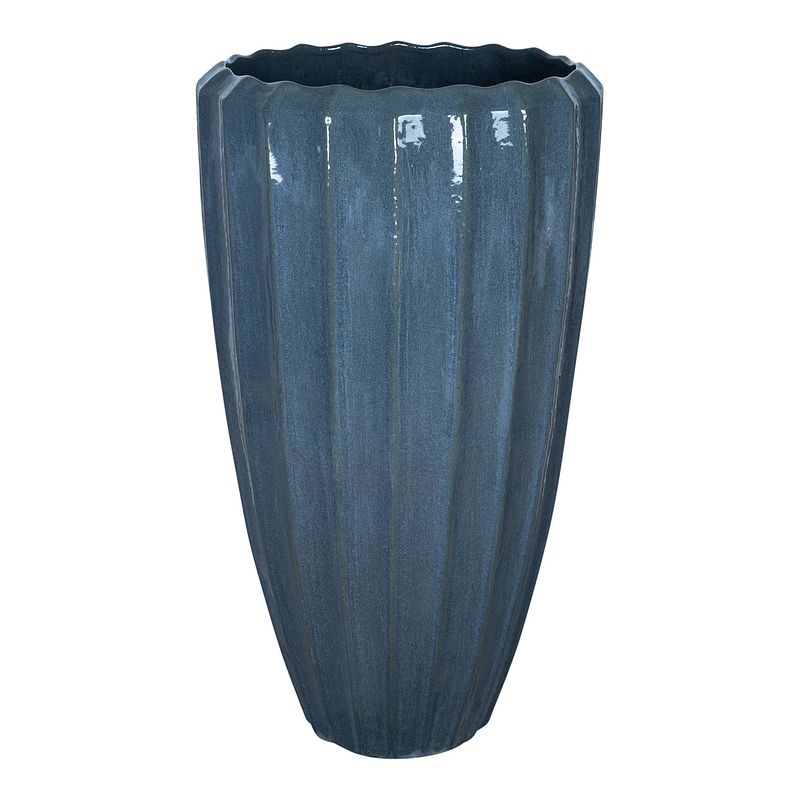 Foto van Ptmd olver blue ceramic pot ribbed structure round s