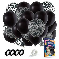 Foto van Fissaly® 40 stuks zwarte ballonnen met lint - verjaardag versiering decoratie - papieren confetti - helium - latex