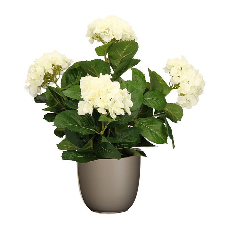 Foto van Hortensia kunstplant/kunstbloemen 45 cm - wit - in pot taupe mat - kunstplanten