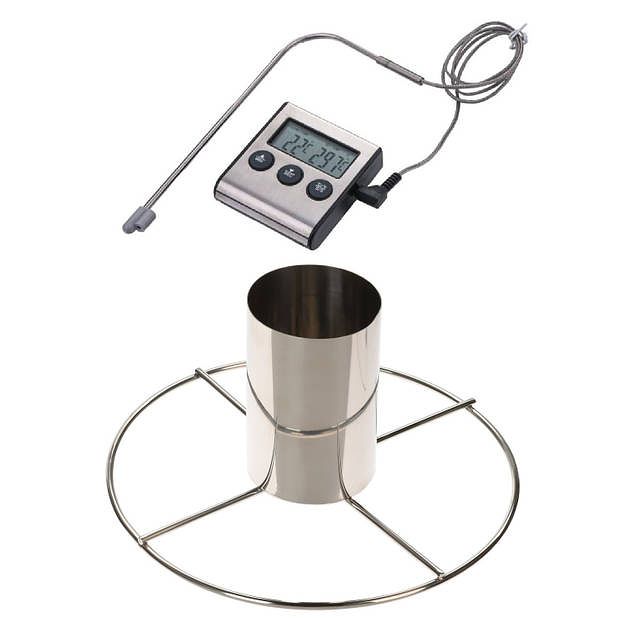 Foto van Kiprooster/kippengrill voor de barbecue/bbq/oven rvs 20 cm met vleesthermometer / braadthermometer - barbecueroosters