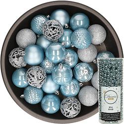 Foto van 37x stuks kunststof kerstballen 6 cm inclusief kralenslinger lichtblauw - kerstbal