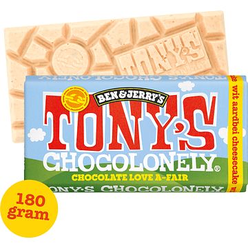 Foto van Tony'ss chocolonely reep witte chocolade strawberry cheesecake, 180g bij jumbo