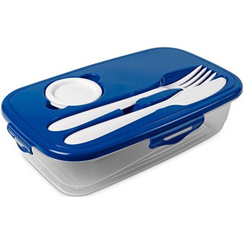 Foto van 1x voedsel plastic bewaarbakje 1 liter transparant/blauw met bestek en dressingbakje - lunchboxen