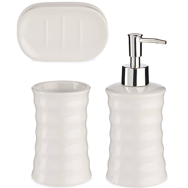 Foto van Badkamer accessoires set met strepen 3-delig creme wit van keramiek - badkameraccessoireset