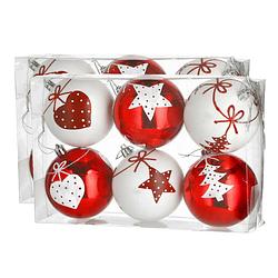 Foto van 12x stuks gedecoreerde kerstballen rood en wit kunststof 6 cm - kerstbal