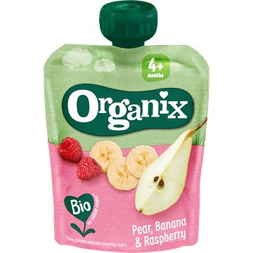 Foto van Organix knijpfruit peer, banaan & framboos 4+m 90g bij jumbo