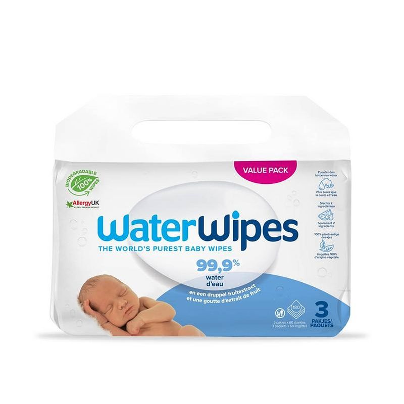 Foto van Waterwipes - billendoekjes - gevoelige huid - 3 x 60 stuks - plasticvrij