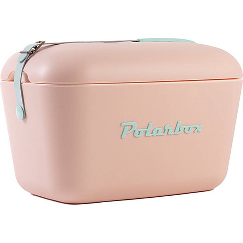 Foto van Polarbox retro koelbox roze met blauwe band - 20 liter - duurzaam geproduceerde trendy koelbox