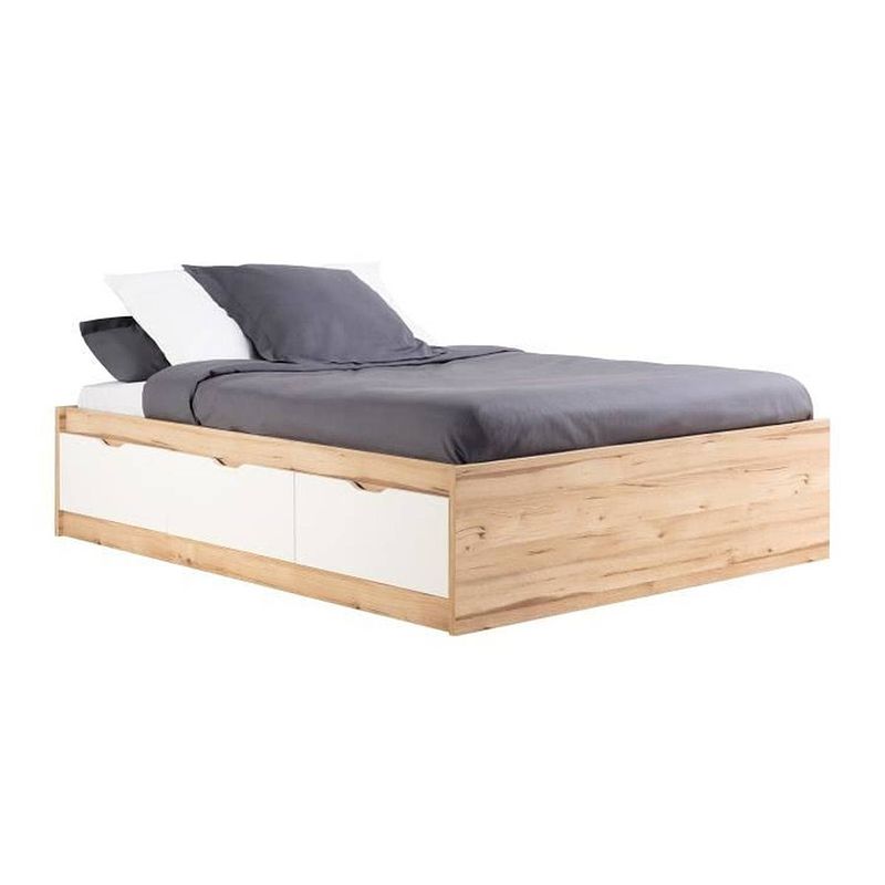 Foto van Scandinavisch volwassen bed met 3 laden in eiken en mat wit decor - b 140 x l 190 cm vankka