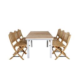 Foto van Mexico tuinmeubelset tafel 90x180/240cm en 6 stoel cane lichtgrijs, naturel.