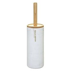 Foto van Wc-/toiletborstel met houder rond wit met marmer effect kunststof/bamboe 38 cm - toiletborstels