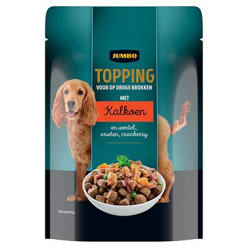 Foto van Jumbo topping voor op droge brokken met kalkoen en wortel, erwten, cranberry 85g