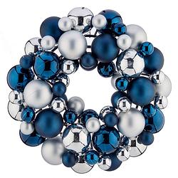 Foto van Kerstkrans/deurkrans met kunststof kerstballen blauw/zilver 35 cm - kerstkransen