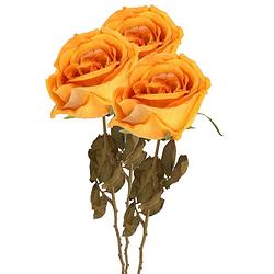 Foto van Top art kunstbloem roos calista - 3x - perzik oranje - 66 cm - kunststof steel - decoratie bloemen - kunstbloemen