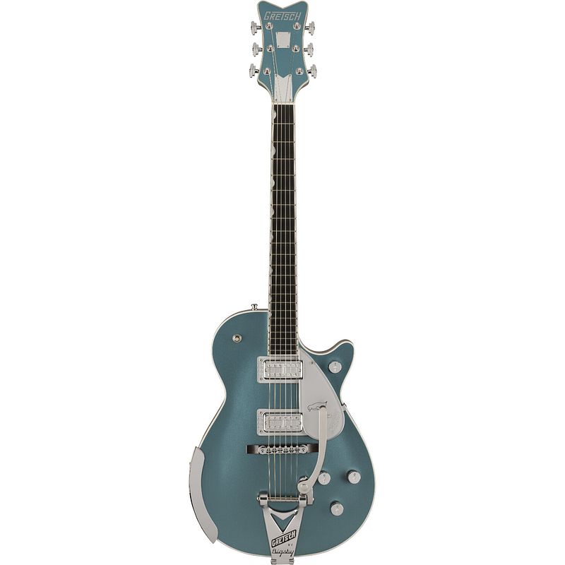 Foto van Gretsch g6134t-140 ltd 140th double platinum penguin string-thru bigsby eb two-tone stone platinum pure platinum