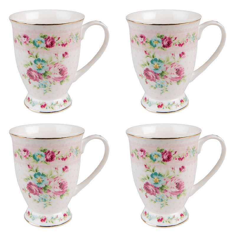 Foto van Haes deco - mokken set van 4 - 12x9x10 cm / 296 ml - met bloemen - pink elegance