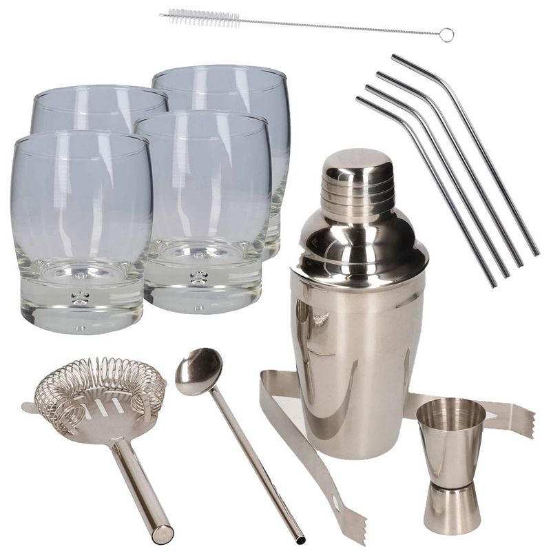 Foto van Cocktailshaker set rvs 5-delig inclusief 4x cocktailglazen 350 ml met 4x rvs rietjes - cocktailshakers