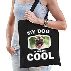 Foto van Katoenen tasje my dog is serious cool zwart - mopshond honden cadeau tas - feest boodschappentassen