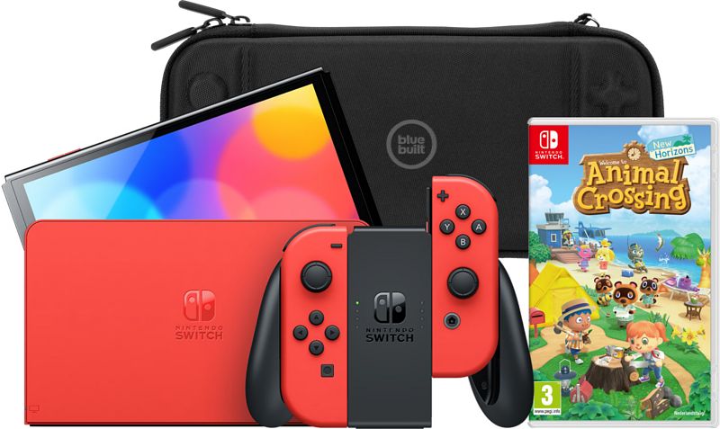 Foto van Nintendo switch oled super mario editie + animal crossing + bluebuilt beschermhoes