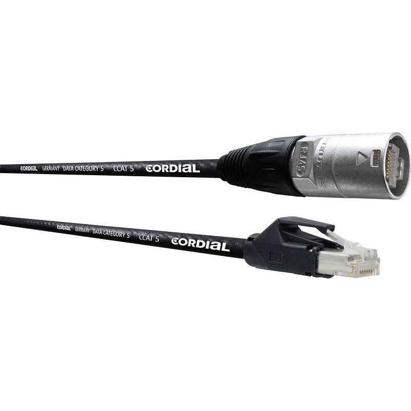 Foto van Cordial cse 5 nh 5 rj45 netwerkkabel, patchkabel cat 5e s/utp 5.00 m zwart pur-mantel, afscherming gevlochten 1 stuk(s)