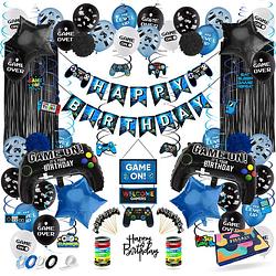 Foto van Fissaly® 106 stuks video game verjaardag versiering set met fortnite dansjes ballonnen - blauw