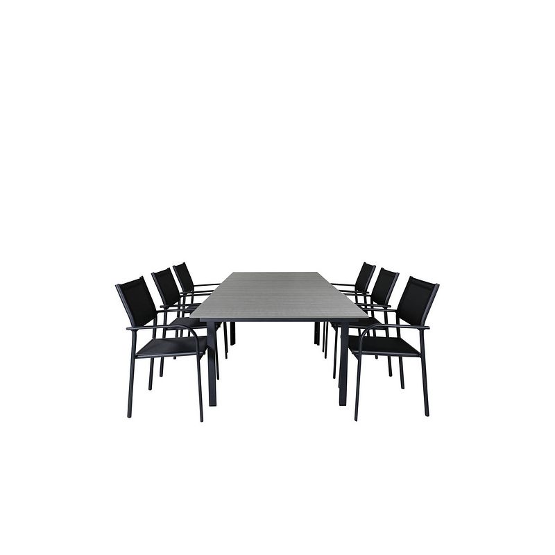 Foto van Levels tuinmeubelset tafel 100x160/240cm en 6 stoel santorini zwart, grijs.