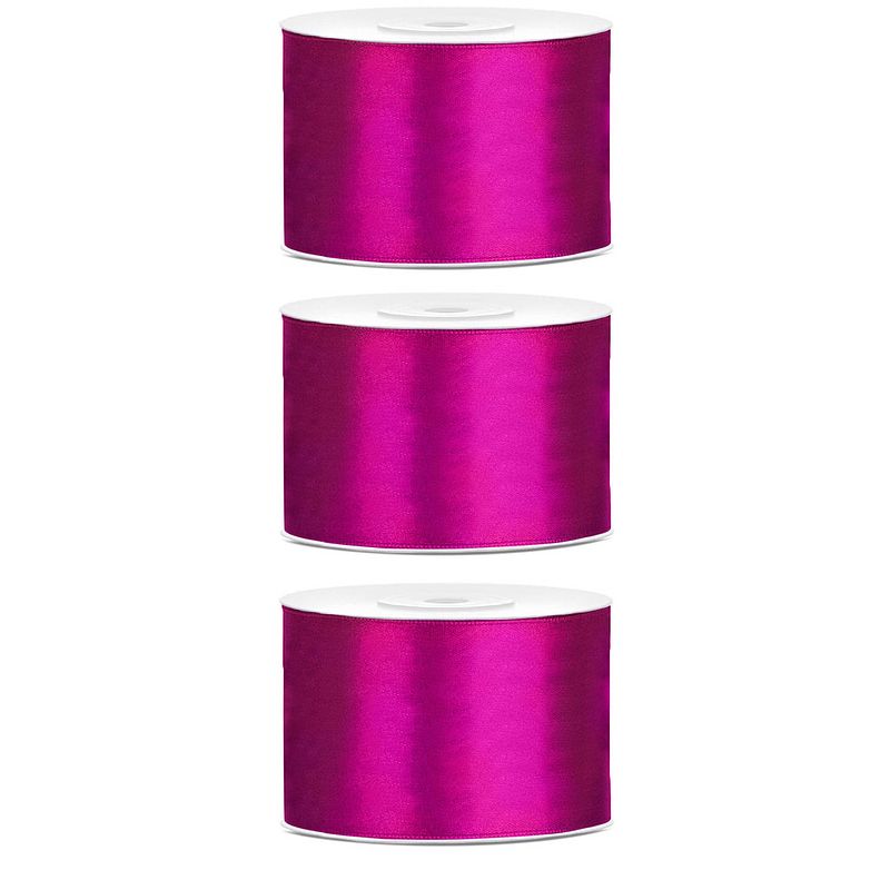 Foto van 3x hobby/decoratie donker fuchsia roze satijnen sierlinten 5 cm/50 mm x 25 meter - cadeaulinten