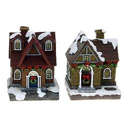 Foto van 2x kersthuisjes/kerstdorpje met verlichting 13 cm - kerstdorpen